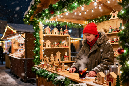Young man in red hat and coat making gingerbread houses on Christmas market in Germany.の素材