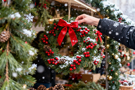 Hand of a man holding a Christmas wreath with red berries on the background of a Christmas marketの素材
