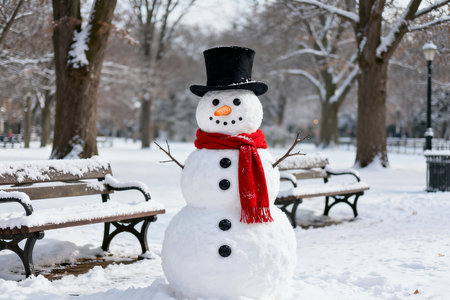 Snowman in the city park on a winter day. Snowman with red scarf and hat.の素材