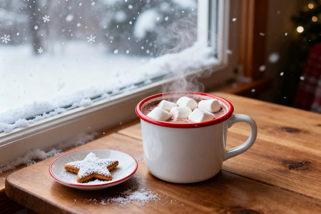 Hot chocolate with marshmallows and cookies on the windowsill in winterの素材