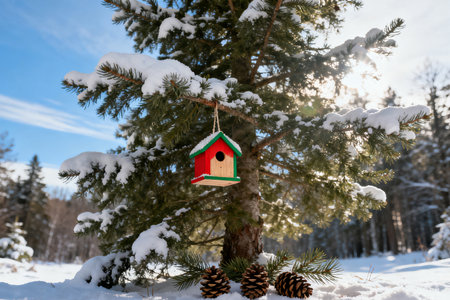 Birdhouse on a pine tree in the winter forest. Beautiful winter landscapeの素材