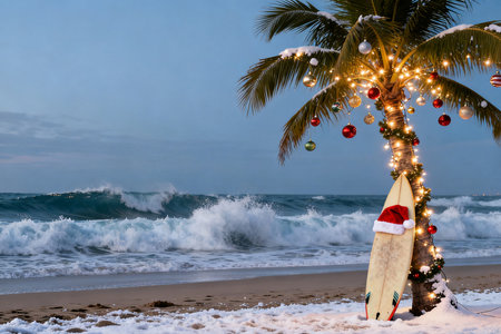 Christmas tree with Santa Claus hat and surfboard on the beach at sunsetの素材