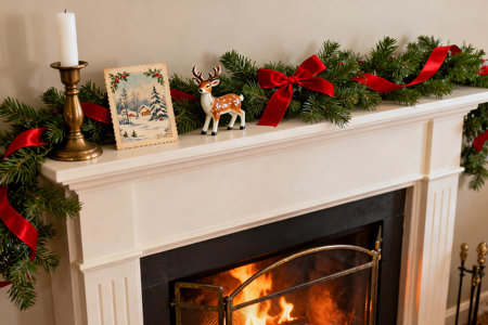 Fireplace decorated with christmas tree branches and reindeer figurineの素材