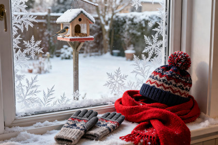 Winter hat, gloves and bird feeder on the windowsill.の素材