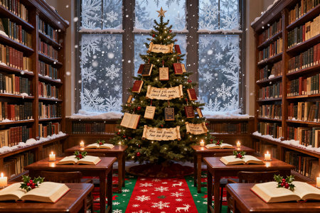 Christmas tree in the library with books and candles. Christmas background.の素材
