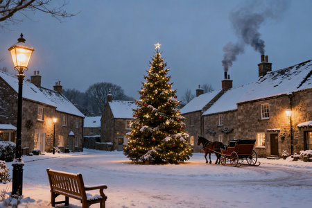 Horse-drawn carriage and Christmas tree in Cotswolds, UKの素材