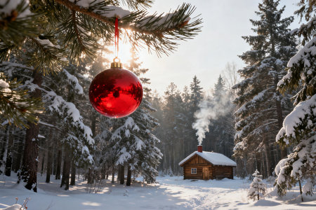 Red Christmas ball on the background of a wooden house in the winter forestの素材