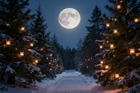 Beautiful winter landscape with full moon and christmas trees in the forestの素材