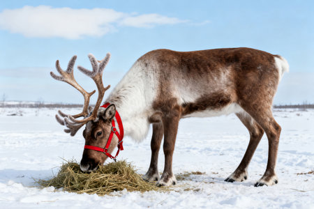Reindeer eating hay in the field in Lapland, Finlandの素材