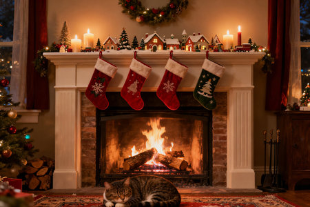 A cat in a Christmas stocking in front of a fireplace with candlesの素材