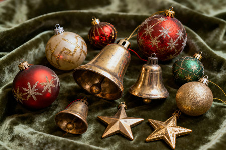 Christmas bells and decorations on a green velvet background. Christmas still life.の素材
