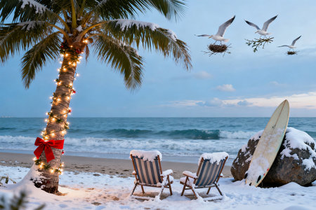 Beach chairs with christmas tree lights and snow on the sandの素材