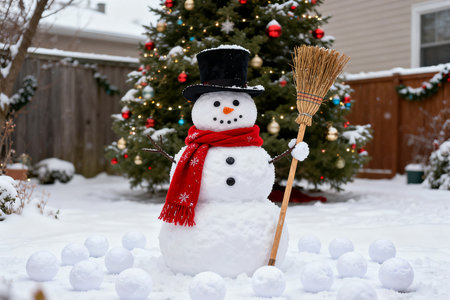 Snowman with broom and snowballs in front of christmas treeの素材