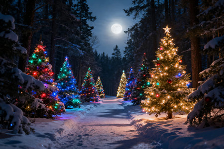 Beautiful Christmas trees in winter forest at night with full moon.の素材