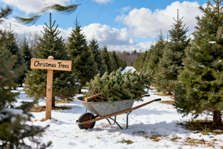Wooden sign with the german words for sale of Christmas treesの素材