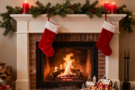 Christmas decoration on fireplace background. Christmas and New Year holidays concept.の素材