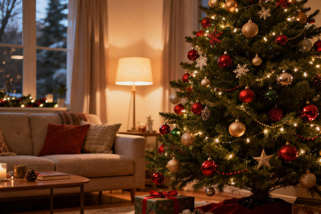 Christmas living room interior with decorated christmas tree, gifts and fireplaceの素材