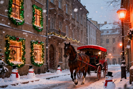 Horse-drawn carriages in the old town of Lviv during a snowfall.の素材