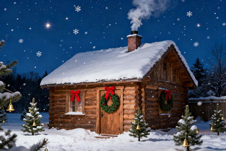 Christmas and New Year background with wooden house and Christmas tree in the snowの素材
