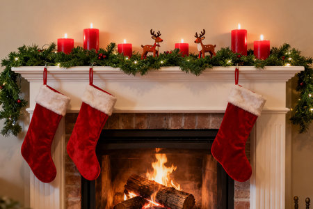 Christmas and New Year holiday background. Decorated fireplace, christmas socks and candlesの素材