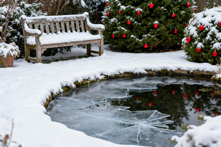 Wooden bench in the park in winter with snow and ice.の素材