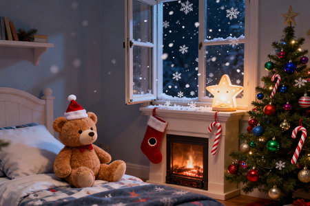 Teddy bear sitting on the bed in front of the window with Christmas decorationsの素材