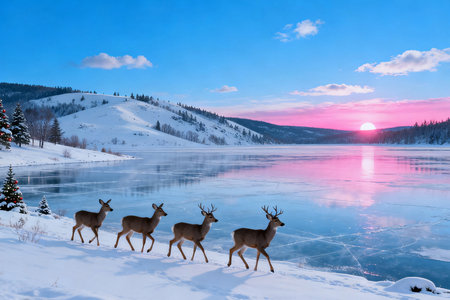 Winter landscape with deer and lake at sunset. Finland, Laplandの素材