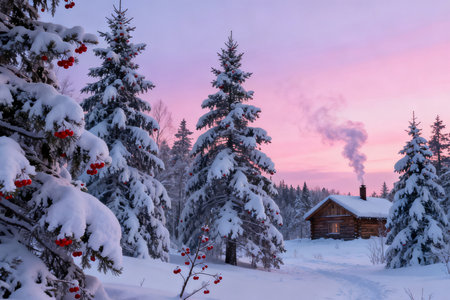 Beautiful winter landscape with snow covered trees and wooden house at sunsetの素材