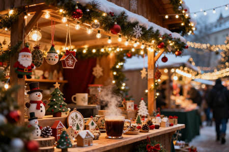 Christmas market with gingerbreads and mulled wine on wooden standの素材