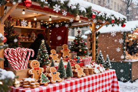 Christmas market with gingerbreads, candies and gingerbread menの素材
