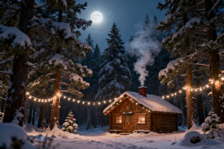 Winter night in the forest with a wooden house and Christmas decorations.の素材