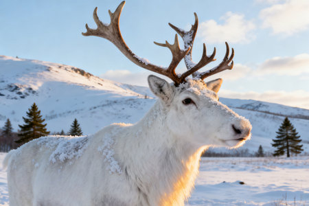 Reindeer in the snow in the mountains. Winter landscape.の素材