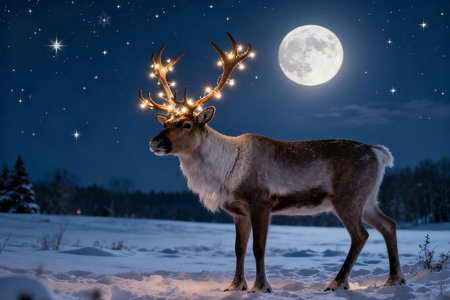 Reindeer with christmas lights in front of full moon.の素材