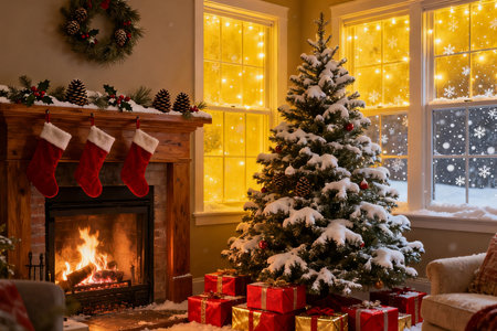 Beautiful Christmas tree with presents and fireplace in cozy living room at homeの素材