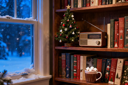 Merry Christmas and Happy New Year. Bookshelf with books and retro radio on the background of the window.の素材