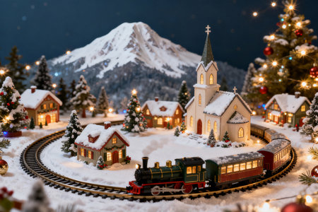 Miniature train and christmas village with snow on mountain background.の素材