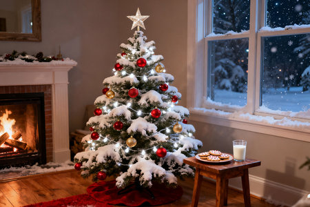 Beautiful Christmas tree with a glass of milk near the window.の素材