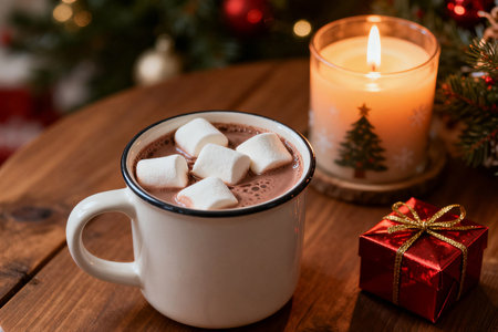 Hot chocolate with marshmallows and gift box on wooden table.の素材