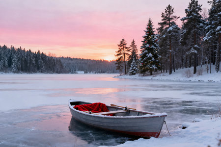 Fishing boat on the frozen lake in winter forest at sunset.の素材