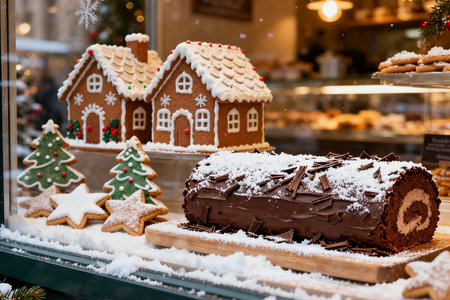 Christmas gingerbread houses and gingerbread house on display in shop windowの素材