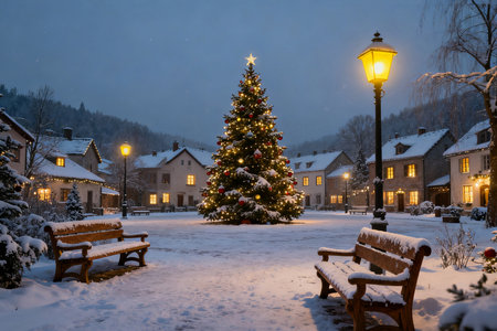 Christmas tree and snow covered bench in the old town of Bergen, Norwayの素材