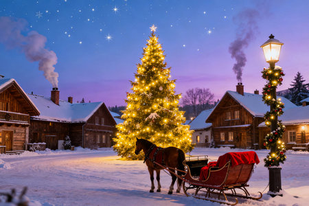 Christmas tree with a sleigh pulled by a horse in the villageの素材