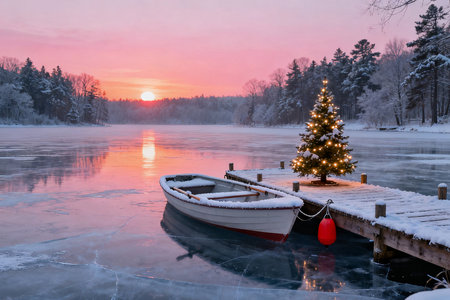 Winter landscape with frozen lake, boat and christmas tree at sunsetの素材