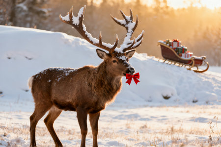 Deer on the background of a Santa Claus sleigh at sunsetの素材