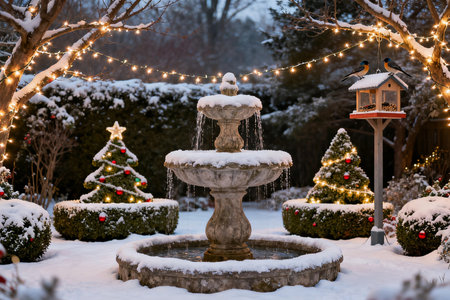 Fountain in the park at night. Winter landscape with Christmas tree and lights.の素材