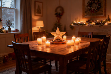 Christmas table with candles in the living room. Christmas and New Year conceptの素材