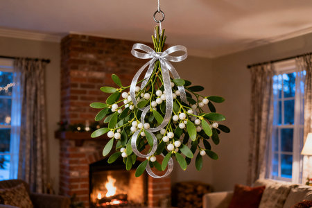 Mistletoe hanging on a Christmas tree in front of a fireplaceの素材