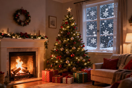 Beautiful living room with Christmas tree, fireplace and presents under itの素材
