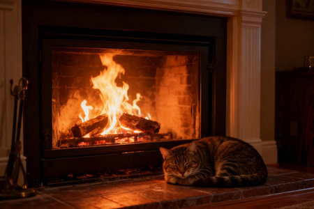 A cat lies in front of a burning fireplace in the house.の素材