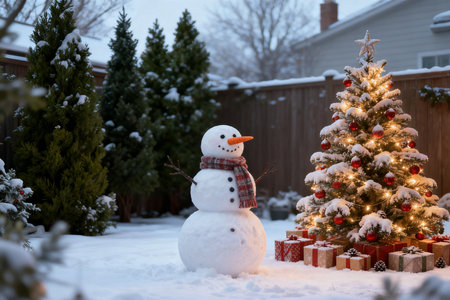 Snowman in front of a Christmas tree with gifts on the groundの素材